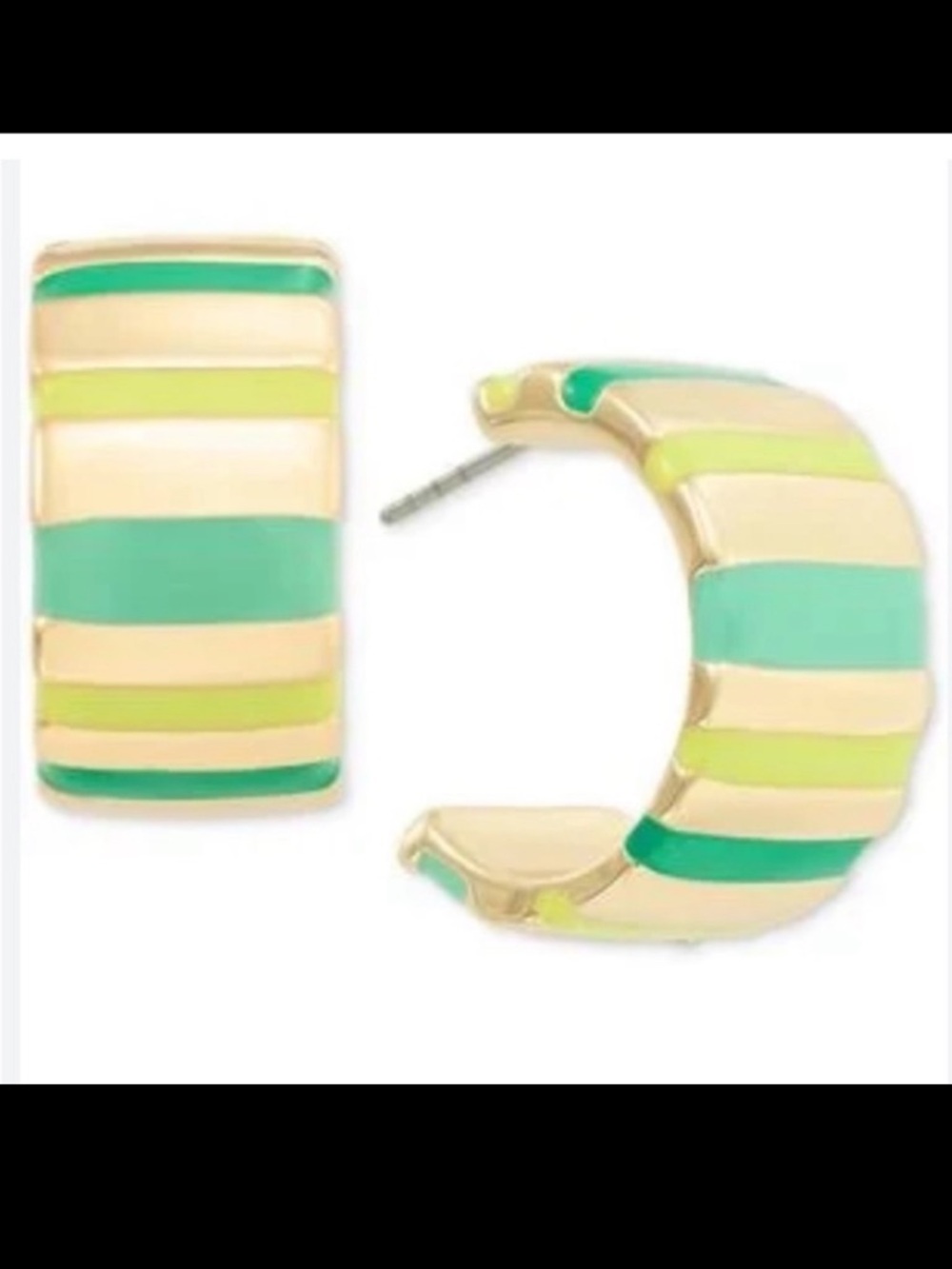 On 34th Gold-Tone Medium Wide Hoop Earrings with varied Green hue stripes. NWT